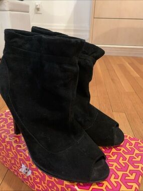 Audrey Brooke Black Suede Peep-Toe Ankle Boots